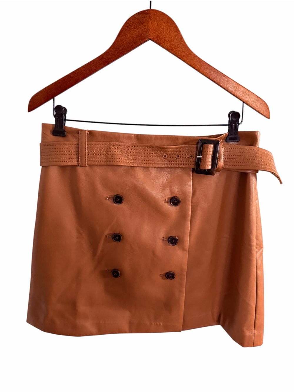 LOFT Tan Faux Leather Double-Breasted Mini Skirt with Belt